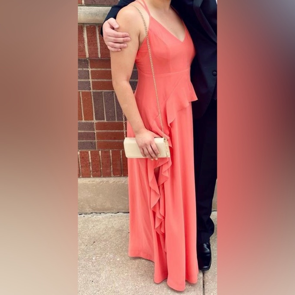 Lulu’s - Ruffled Coral Floor Length Dress